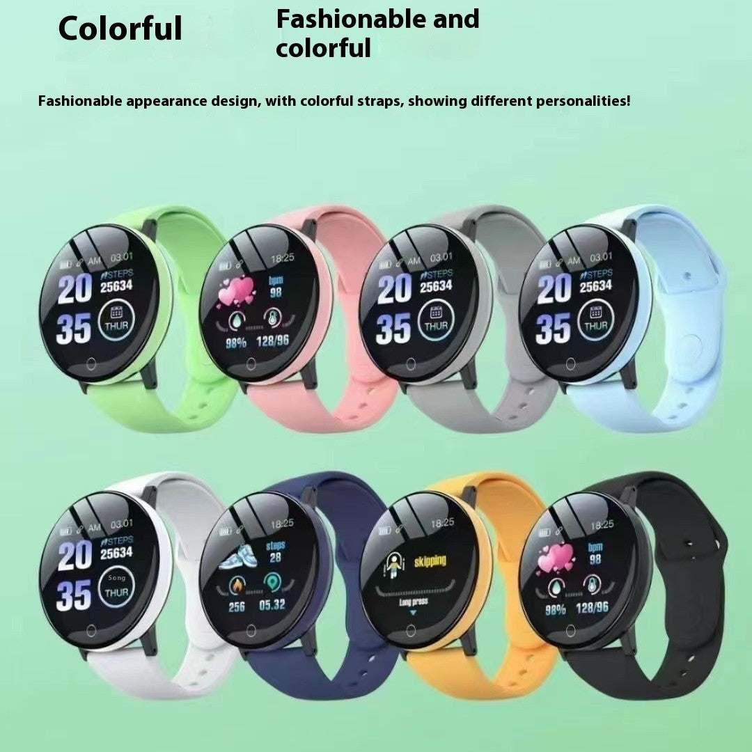 Colorful smart watches with various straps and heart rate display.