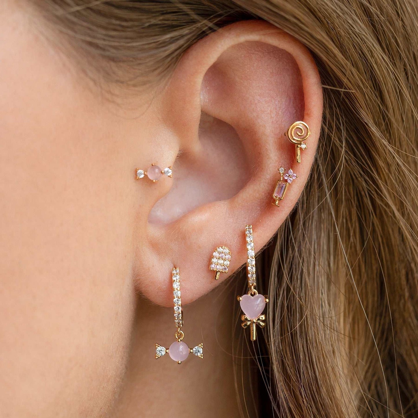 Summer ice cream drink earrings set with zircon, 18K brass, geometric shapes, and candy elements.