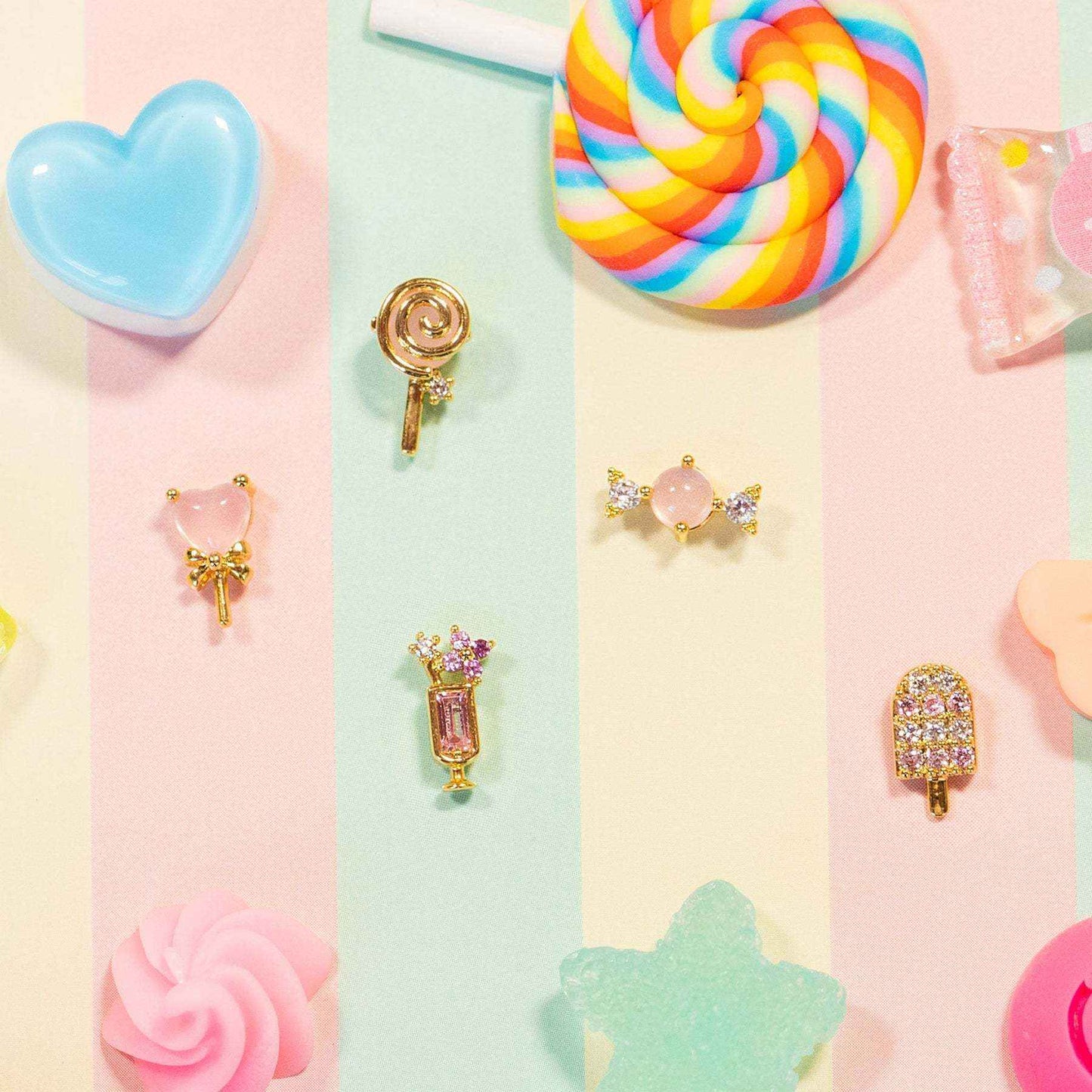 Colorful geometric earrings set with ice cream and candy designs, featuring brass and inlaid zircon, perfect for summer fashion.