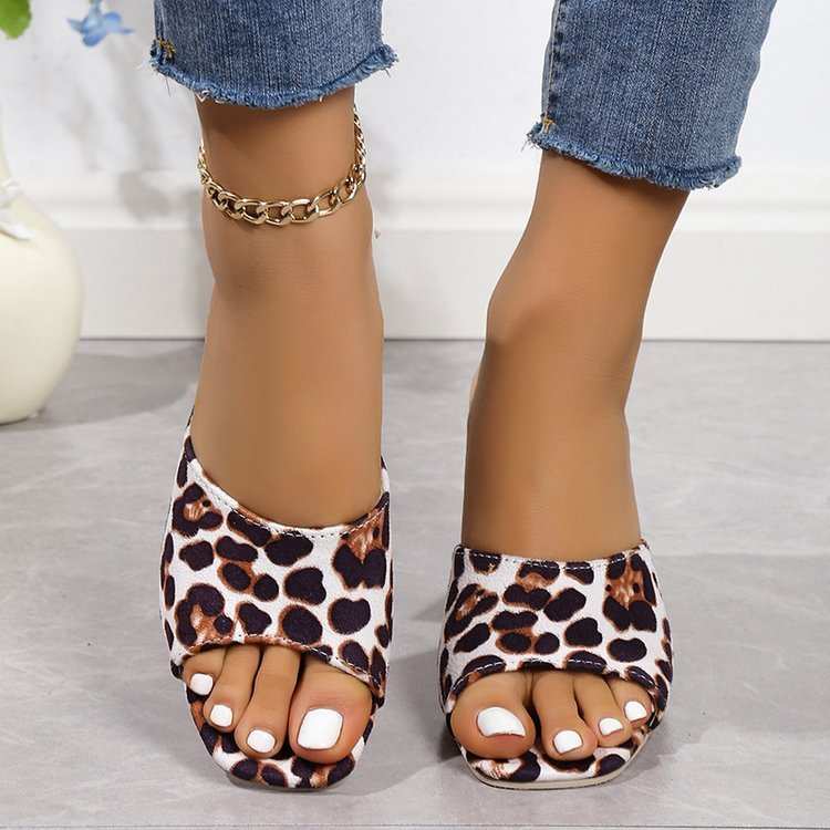 Leopard print square toe sandals with chunky heel for women.