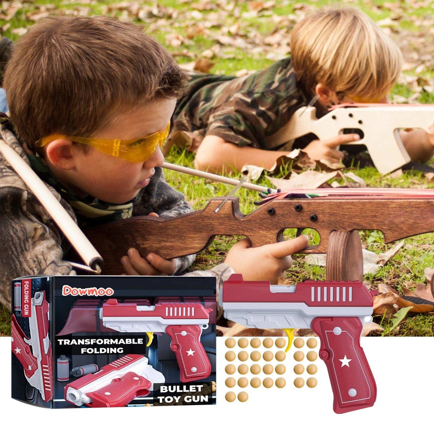 Transformable outdoor interactive toy gun for children in action.