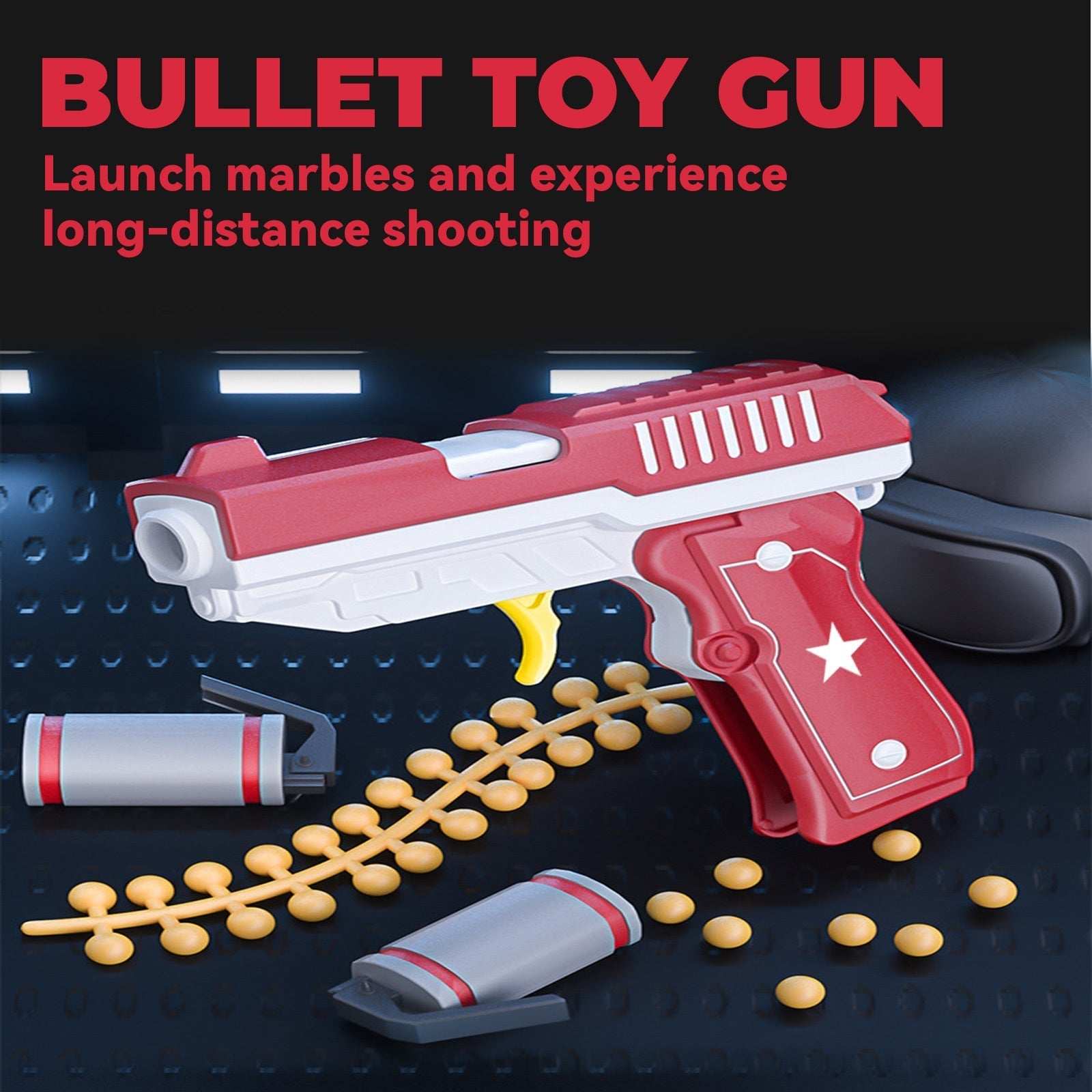 Transformable bullet toy gun for children with marble launching feature.