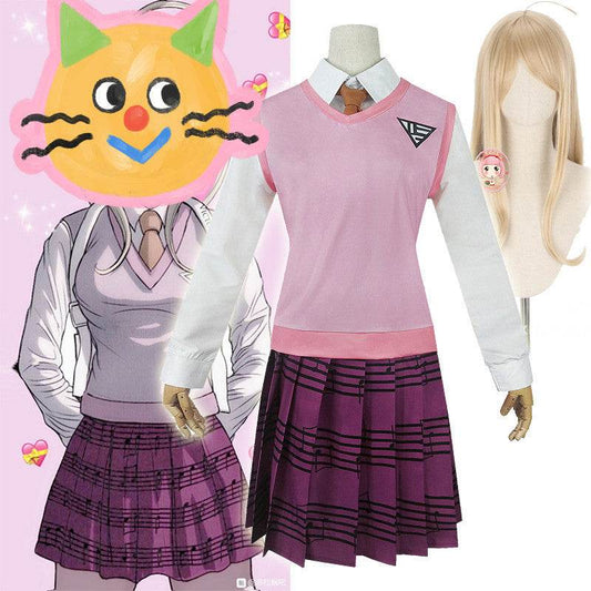 Cosplay clothing set with pink vest, skirt, tie, and white shirt displayed on mannequin.