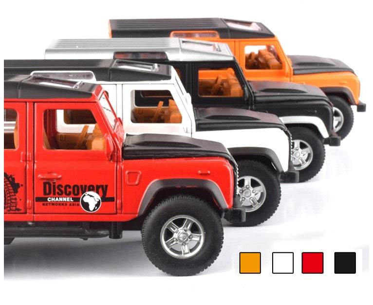 Children's off-road toy cars in white, red, black, and orange colors.