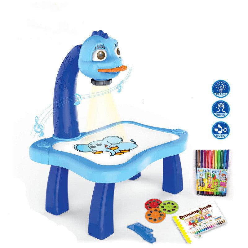 Children Smart Projector Drawing Toy with Desk; Includes slides, music, pens, and book.