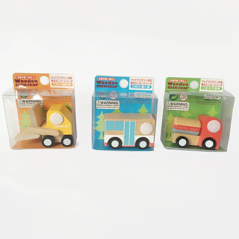 Wooden children toy cars set in packaging, featuring forklift, bus, and truck models.