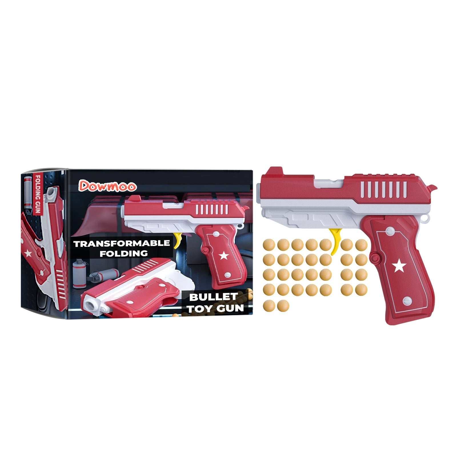 Transformable toy gun with folding design and included marbles for children.