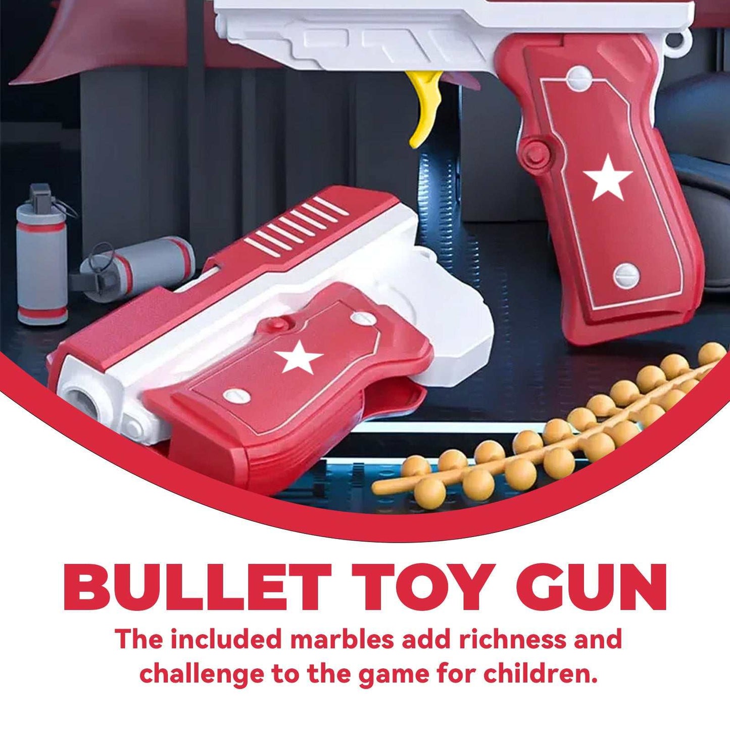 Transformable toy gun with marbles for interactive children's play.