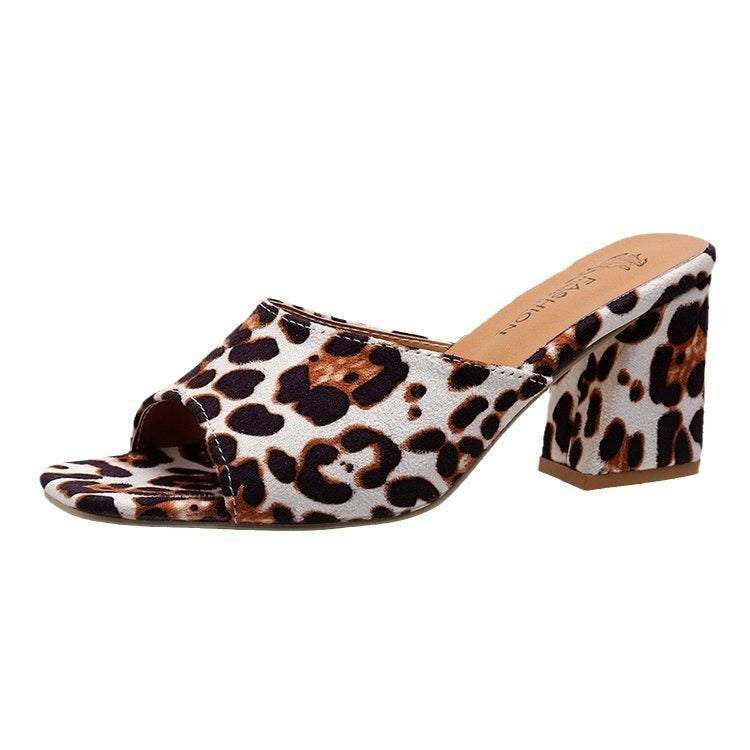 Leopard print square toe sandals with chunky heel, summer women's slippers.