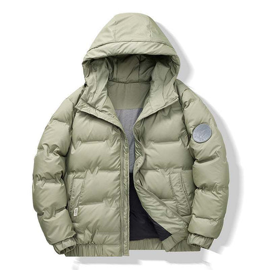 Men's green padded winter coat with hood, suitable for teenagers.