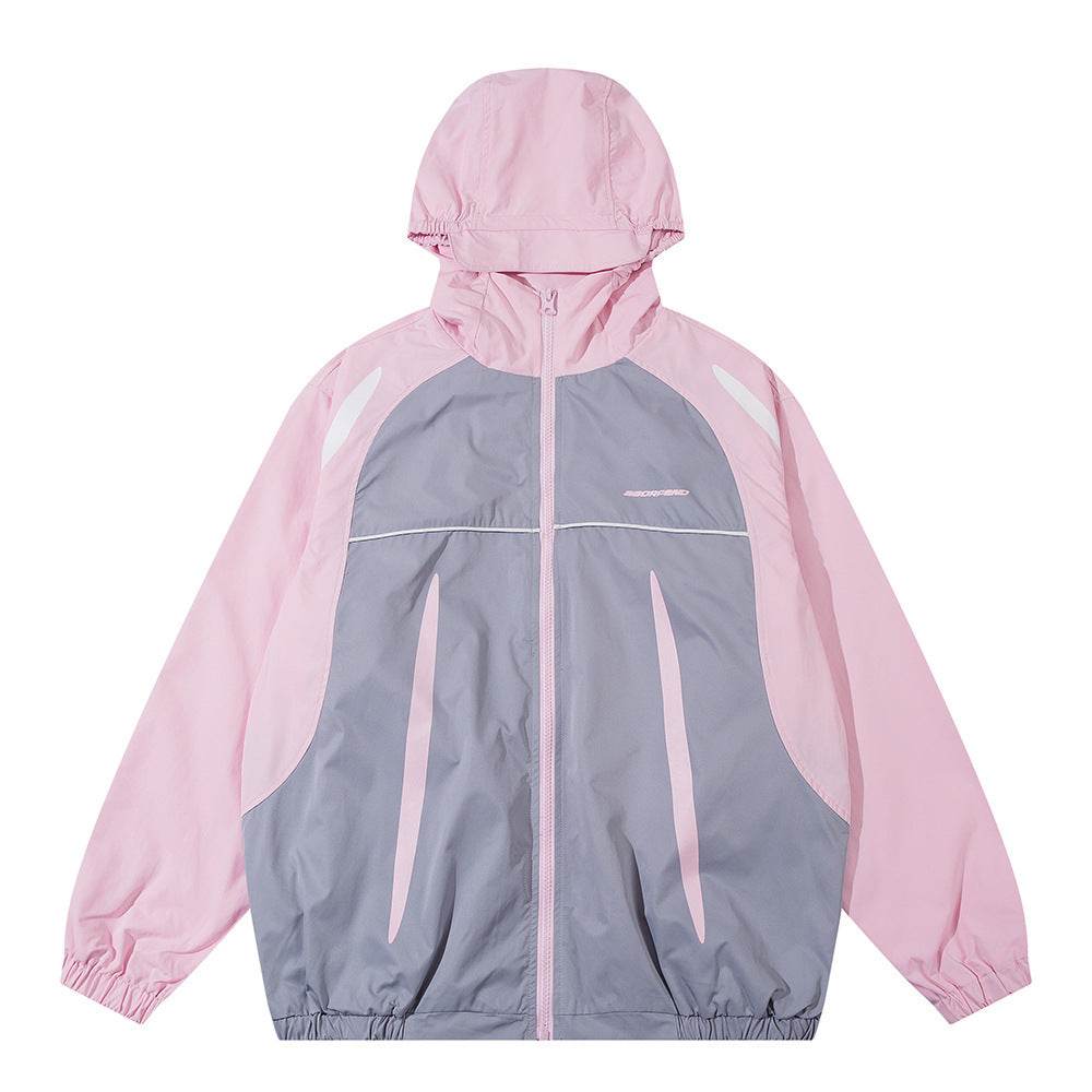 Pink and gray sun-protective wind coat for men with hood.