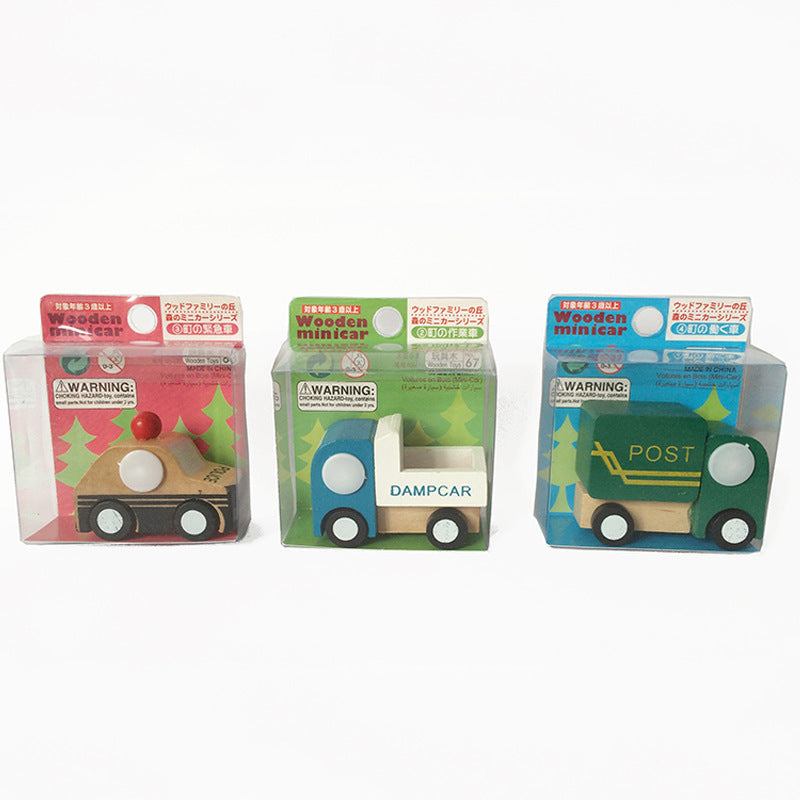 Wooden children toys; set of 12 car models in packaging.