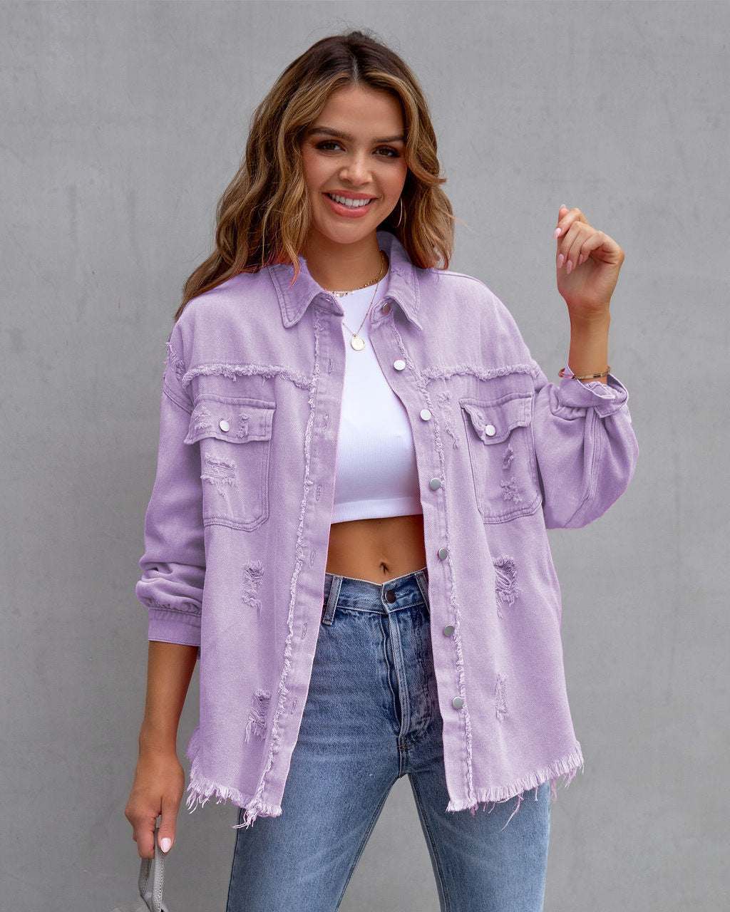 Fashion ripped shirt jacket in light purple, medium length, with conventional sleeves.