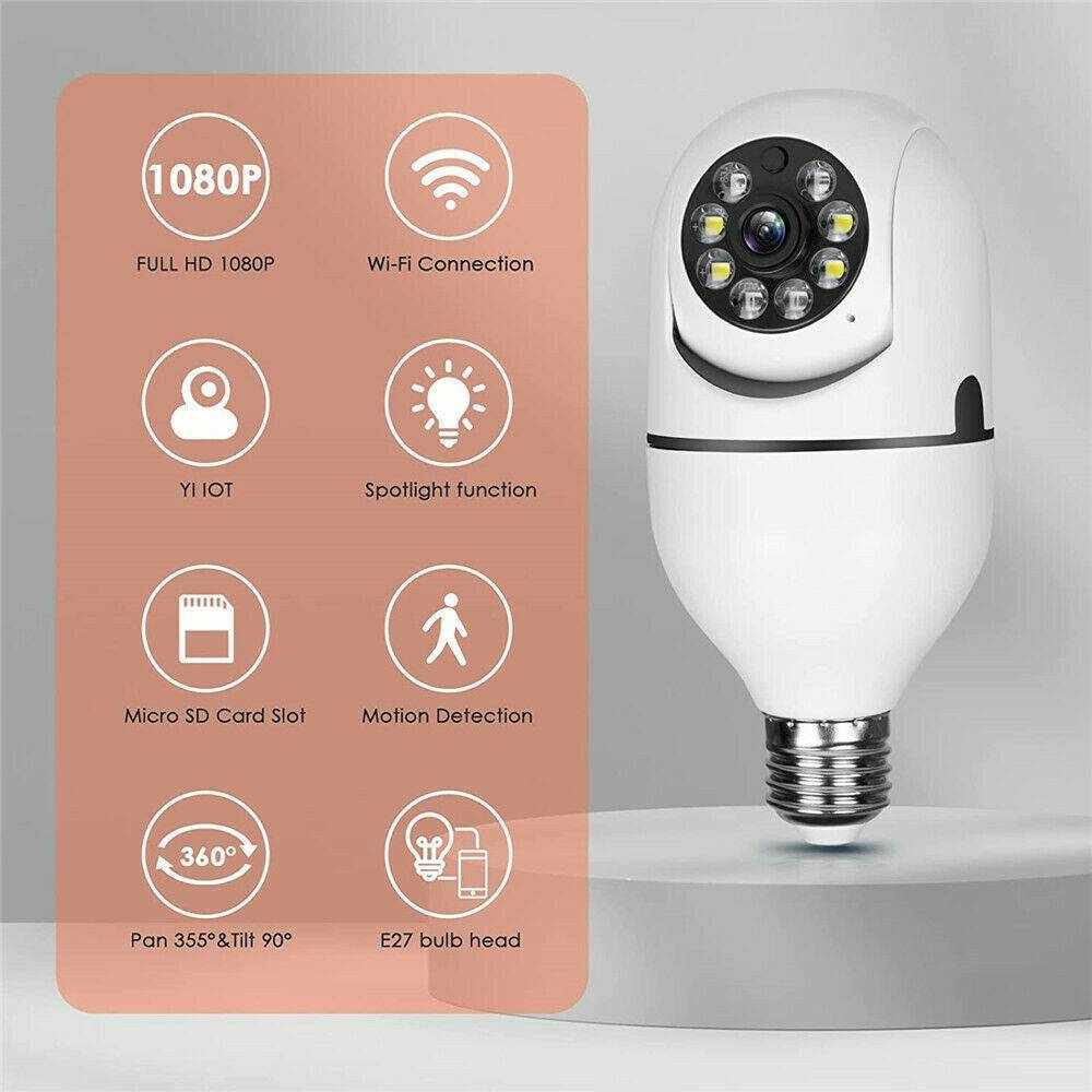 Light Bulb Camera 1080P HD Wireless Wifi Smart Home Security Camera IR E27