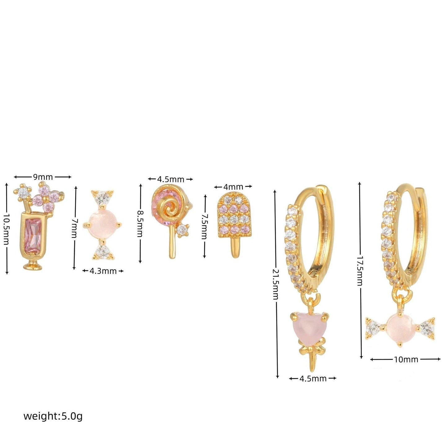 Summer ice cream drink earrings set with inlaid zircon, geometric shapes, and candy-inspired designs.