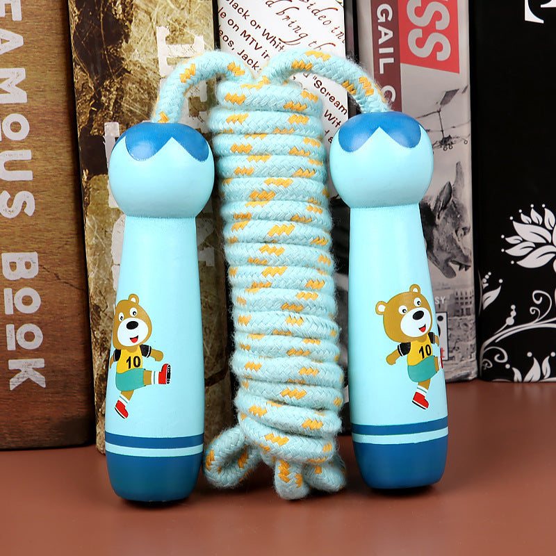 Wooden children's skipping rope with colorful handles featuring bear illustrations, designed for exercise and fitness.