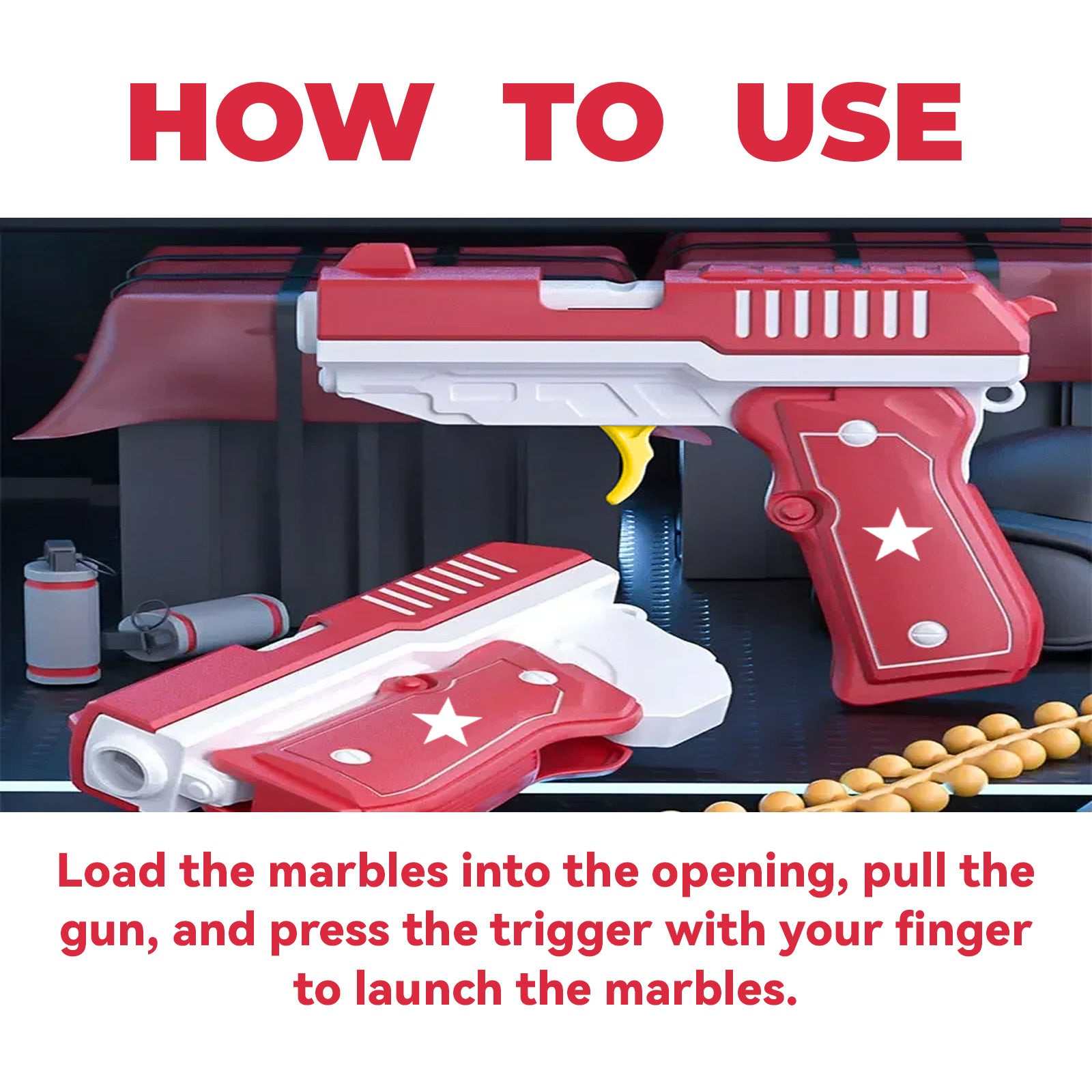 Transformable toy gun with marbles, showcasing usage instructions for children.