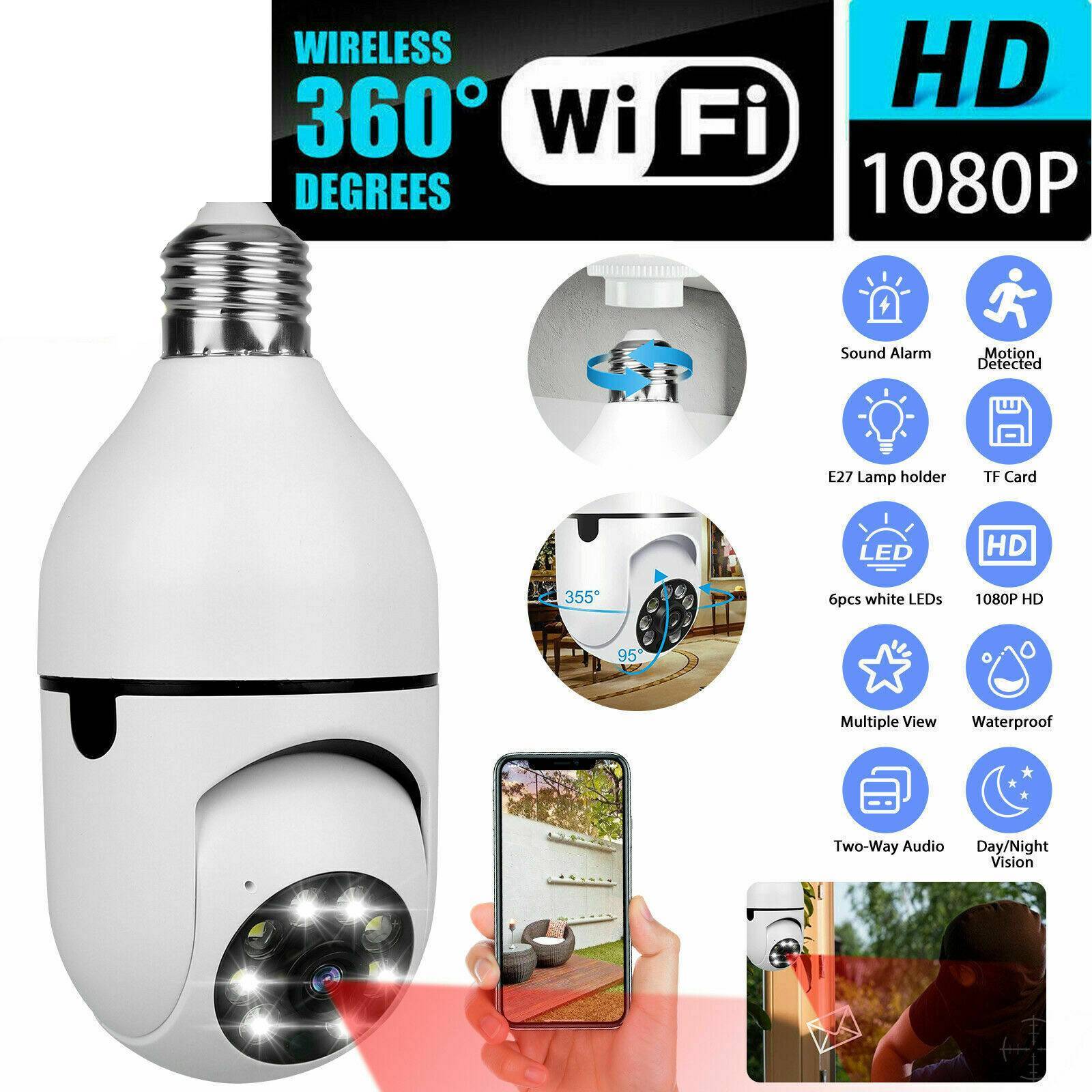 IR E27 Light Bulb Camera with WiFi, 1080P HD, two-way audio, and motion detection for smart home security.