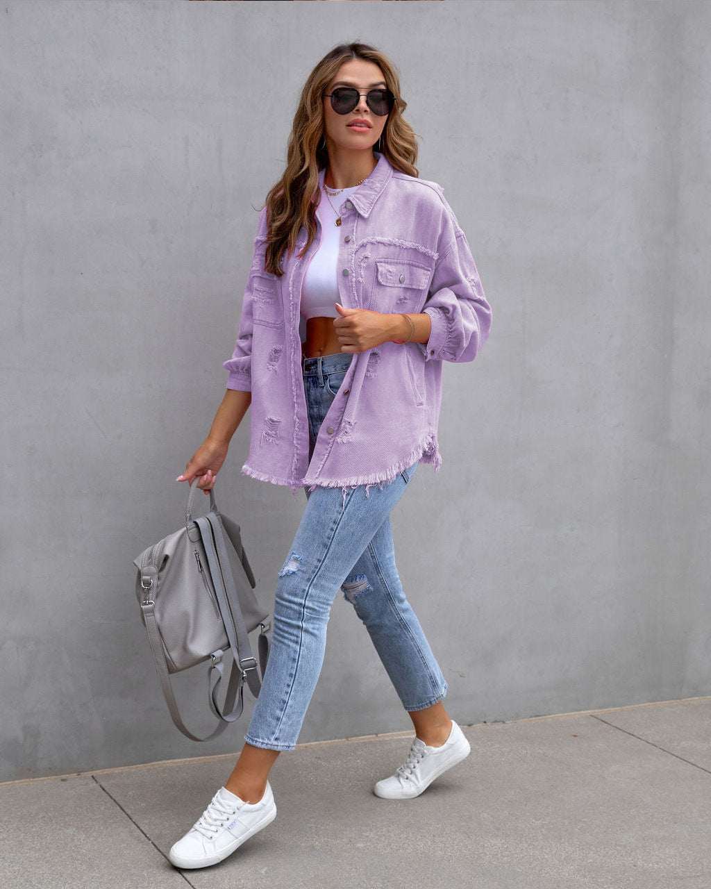 Fashion Ripped Shirt Jacket for Women in Light Purple, Casual Autumn and Spring Style