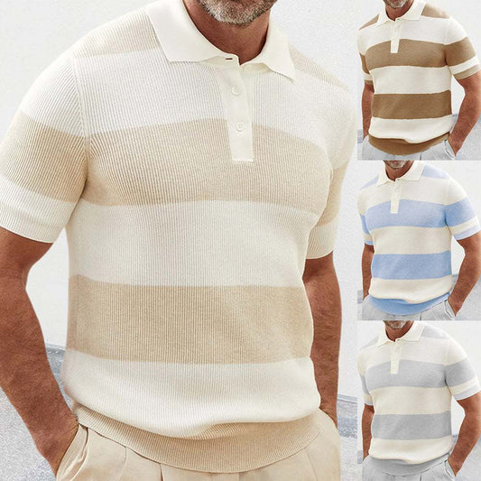 Men's summer fashion lapel sweater with short sleeves in beige, blue, and coffee tones.