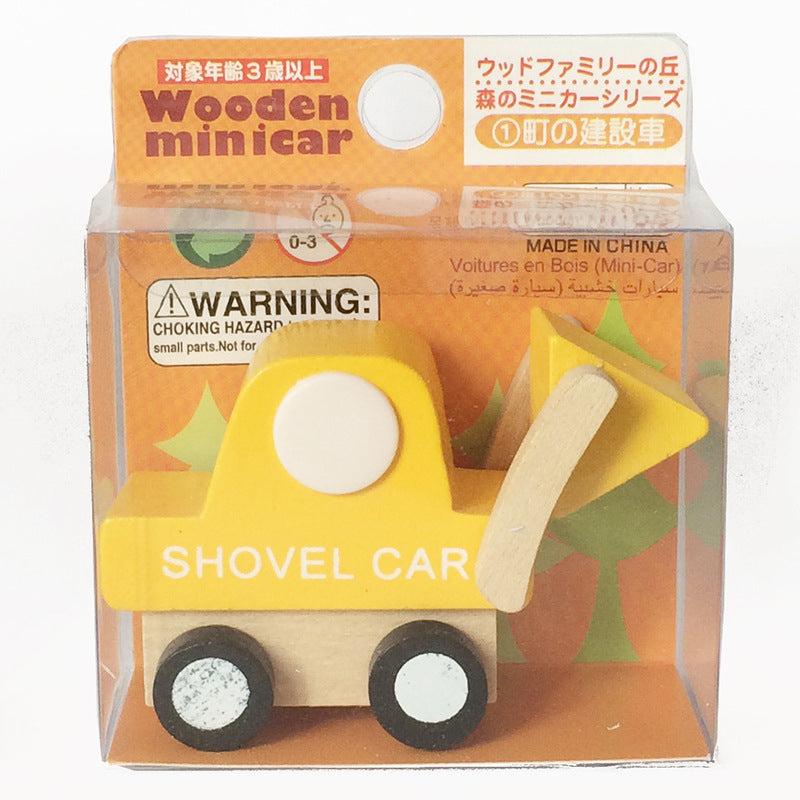 Wooden toy shovel car for children, part of a 12-piece set.