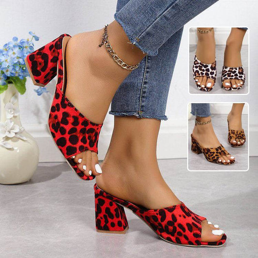 Leopard square toe high-heeled sandals with chunky heel for women, displayed in various colors.