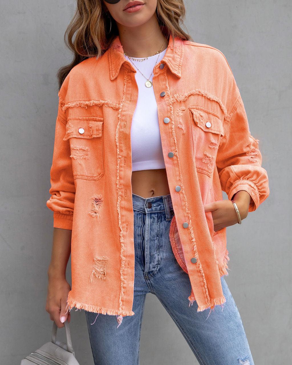 Fashion ripped orange shirt jacket for women, medium length, casual style.