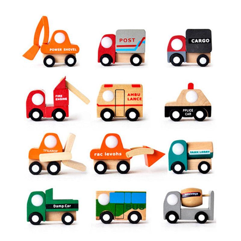 Wooden toy cars set for children, featuring 12 miniature vehicles including a forklift, garbage truck, cement truck, and police car.