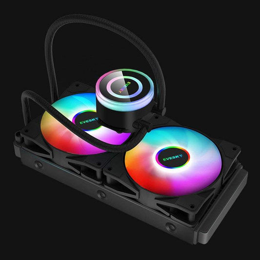 RGB CPU radiator with colorful lighting and fans for e-sports gaming.