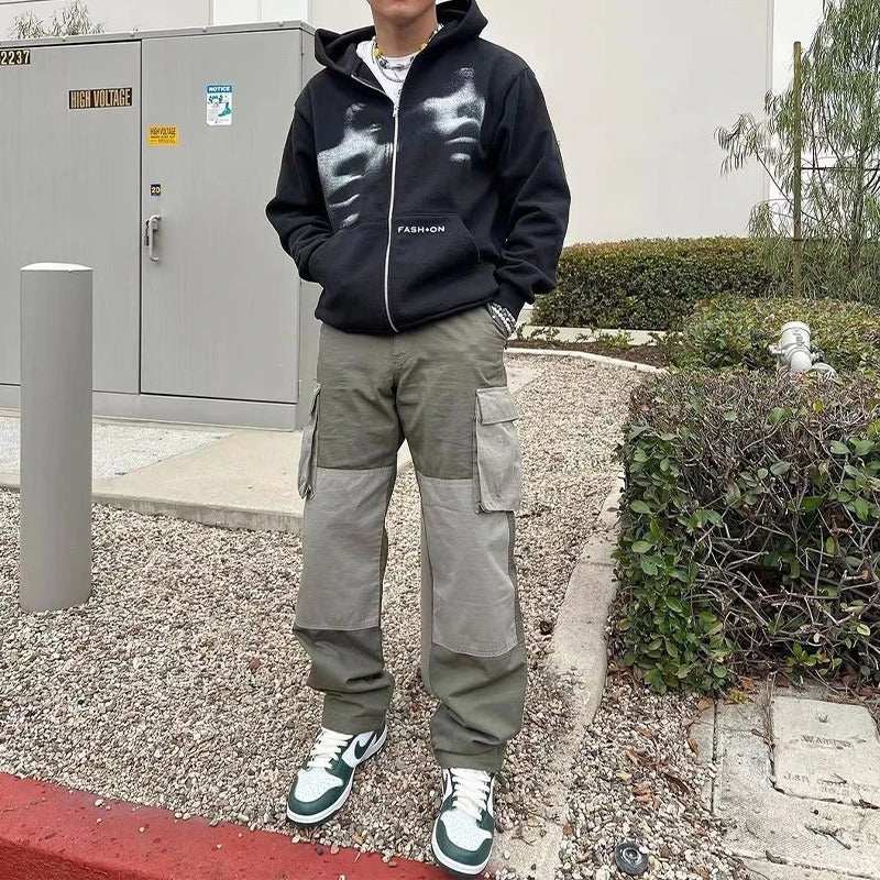 Y2K black zip hoodie worn by teenager, loose Korean style.