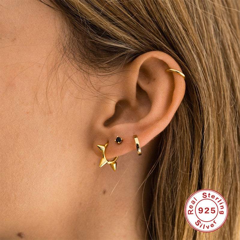 S925 sterling silver punk earrings set in yellow gold, geometric design.