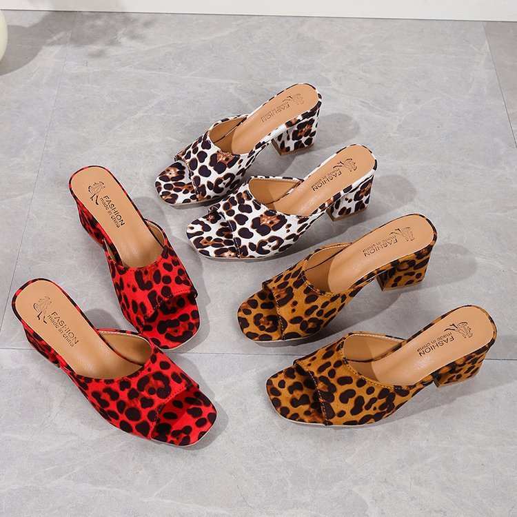 Leopard square toe high-heeled sandals in red, white, and camel colors with chunky heels for women.