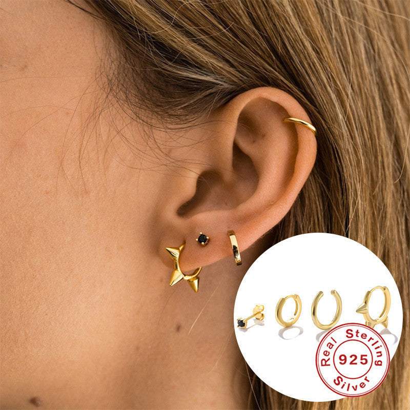 S925 sterling silver punk earrings set in yellow gold with geometric design, for women.