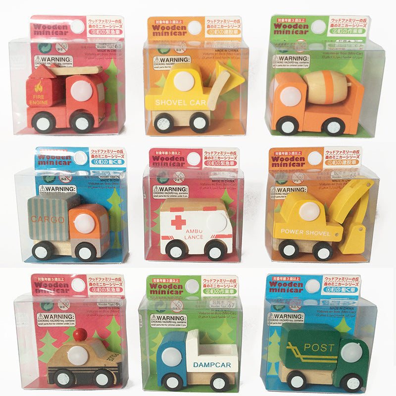 Wooden children toy cars set with 12 different models, including forklift, garbage truck, and ambulance.