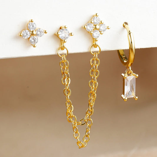 3-piece set zircon birthstone constellation earrings with electroplated gold finish and cubic zirconia accents.