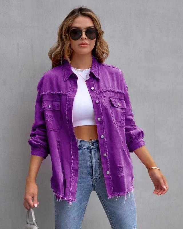 Fashion Ripped Shirt Jacket in purple for women, casual autumn and spring style.