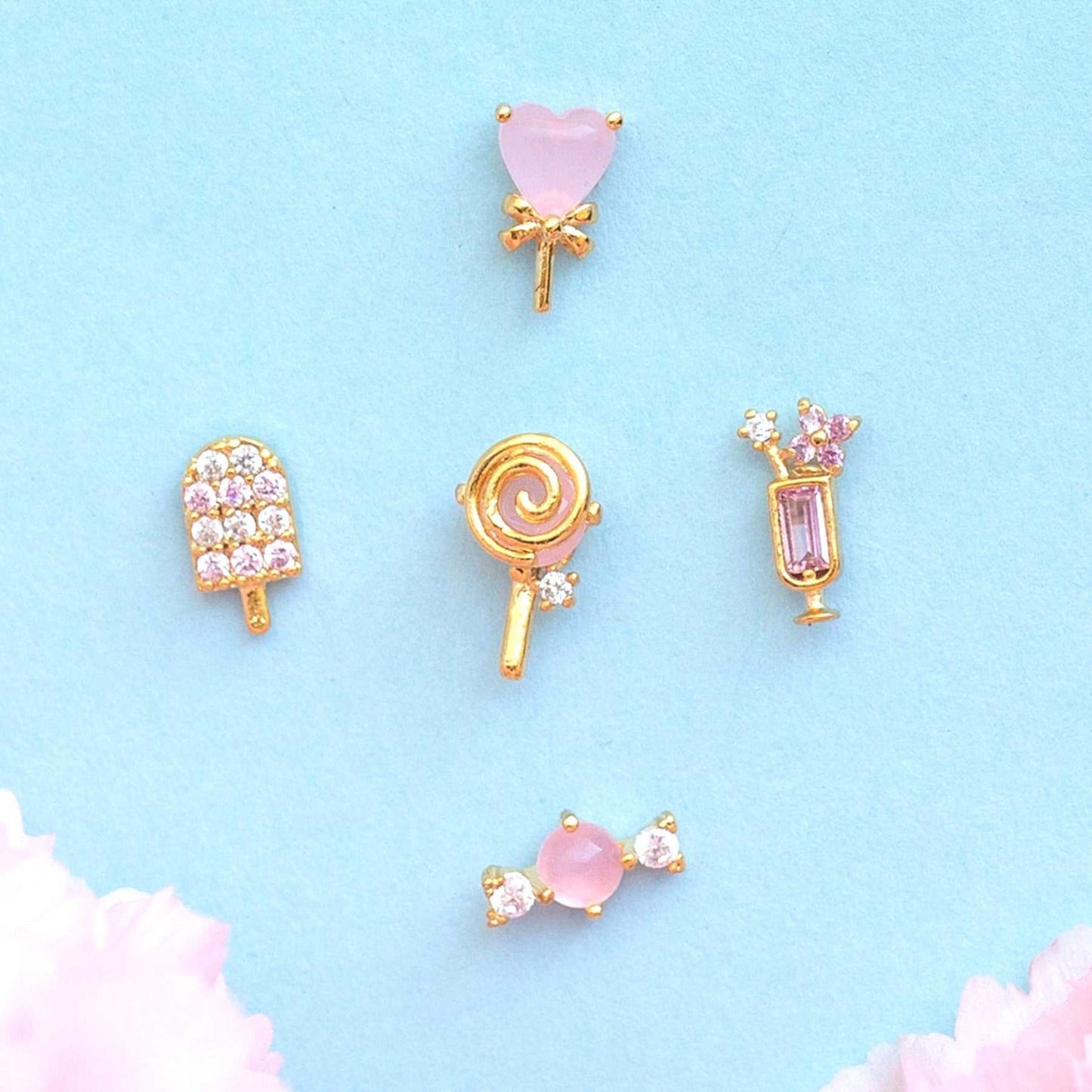 Summer Ice Cream Drink Earrings Set with candy and geometric shapes, inlaid zircon, brass, 18K, Japan and Korea style.