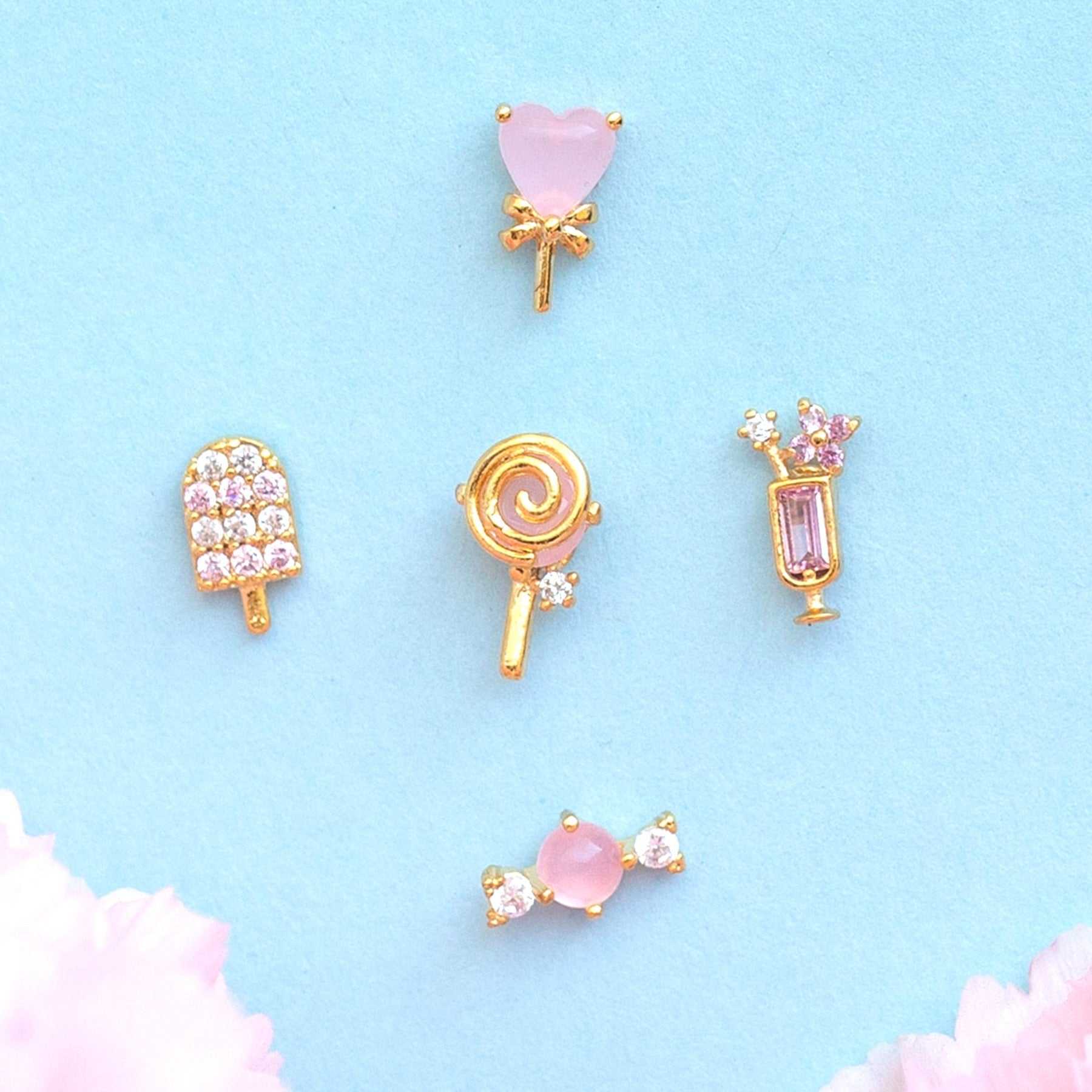 Summer Ice Cream Drink Earrings Set with candy and geometric shapes, inlaid zircon, brass, 18K, Japan and Korea style.