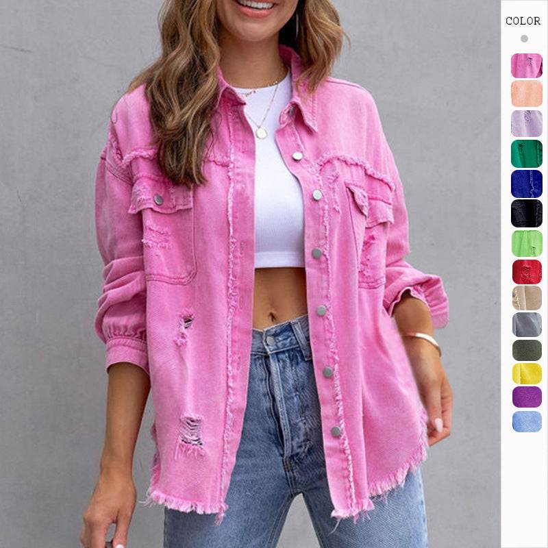 Fashion Ripped Shirt Jacket for Women in Pink with Distressed Details and Button-Up Design.