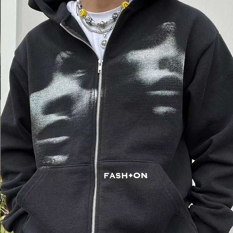 Y2K black zip hoodie with face print, loose Korean style, suitable for teenagers.