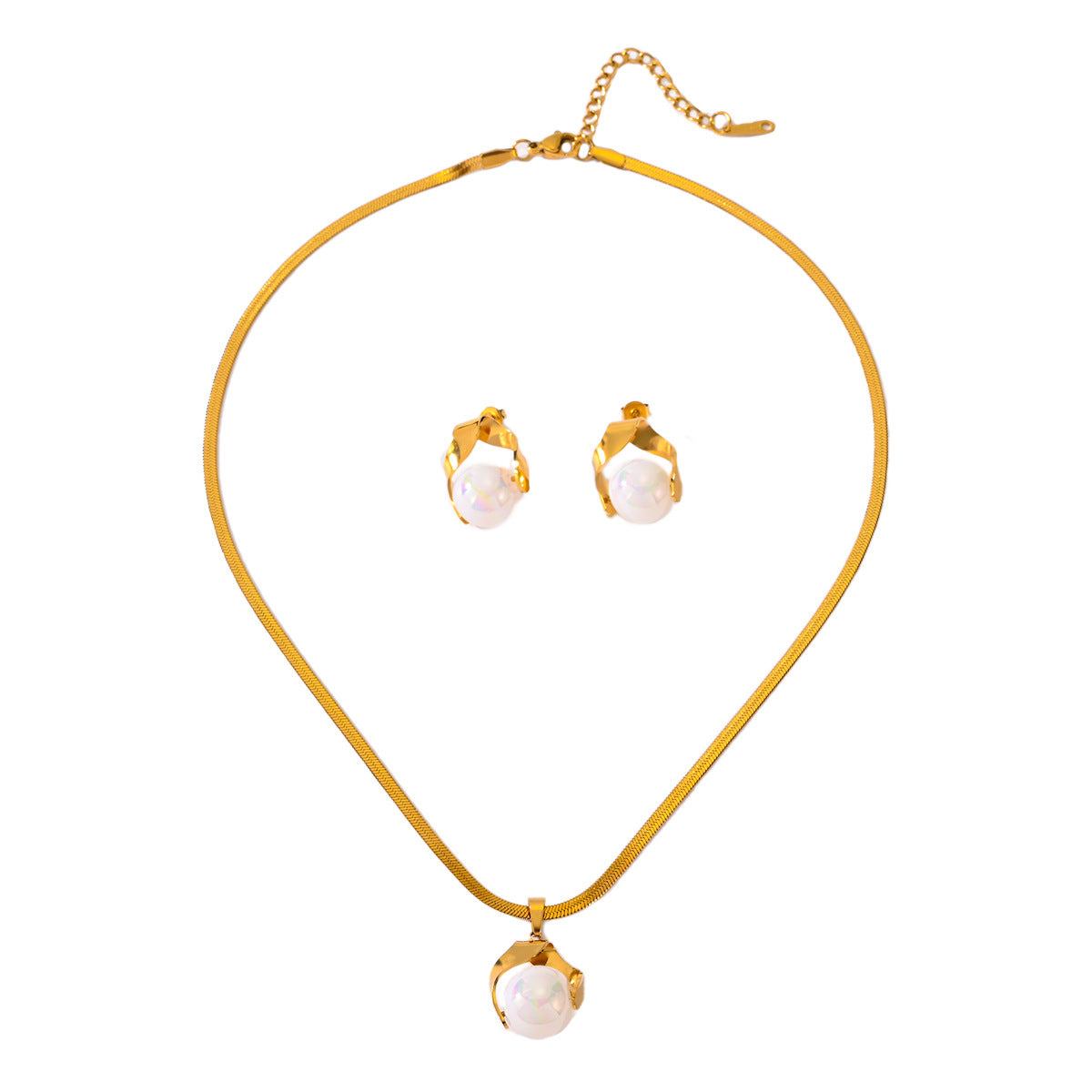 Gold necklace and pearl earrings set, featuring love heart and geometric design in titanium steel.