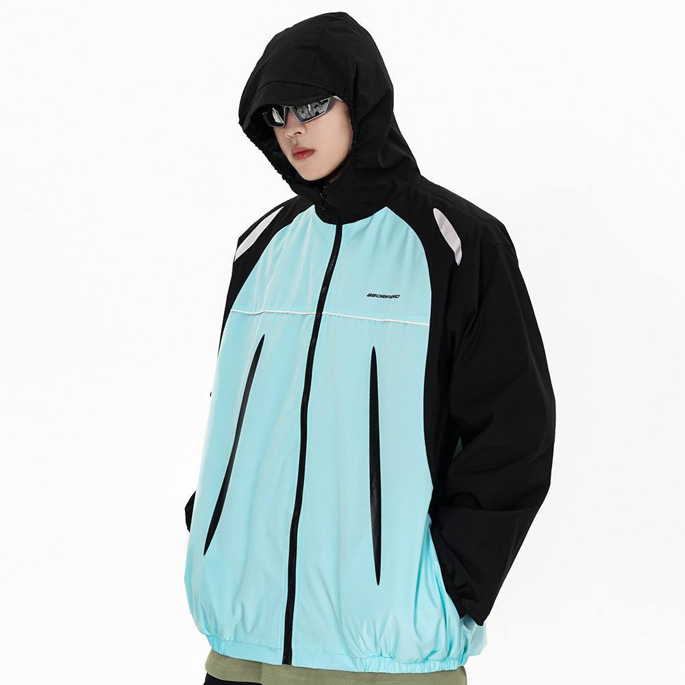 Men's sun-protective wind coat in blue and black, hooded design.