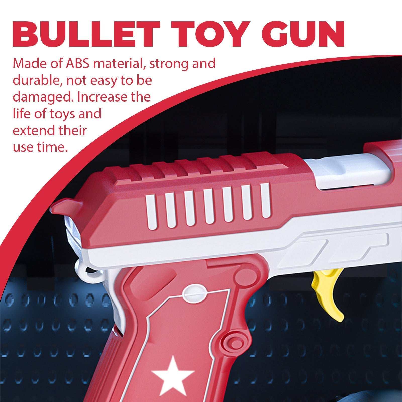 Transformable bullet toy gun made of durable ABS material for children.