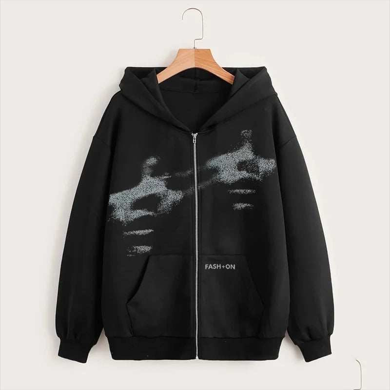 Black Y2K zip hoodie, loose fit, suitable for teenagers, Korean style fashion.