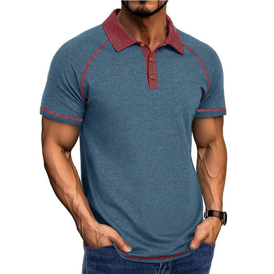 Short-sleeved blue polo shirt with red accents for men.