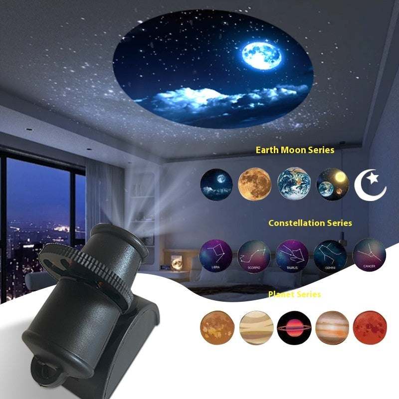 Starry sky projection light with USB charging, featuring 15 projection effects including Earth, Moon, and constellation series.