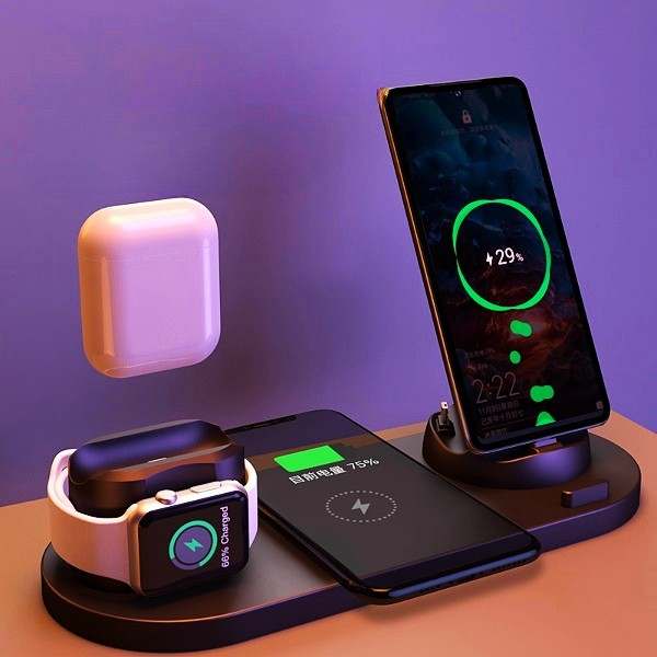 Wireless charger 6-in-1 dock station for phone and watch, fast charging pad for iPhone.